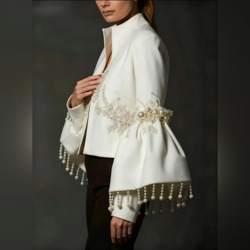 Elegant White Jacket with Pearl Embellishments - Picture 6 of 7